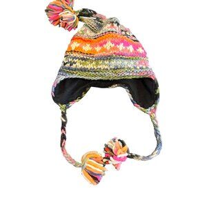 Global Village Multicolor Wool Earflap Hat Pom Poms Lined Made In Ecuador Adult